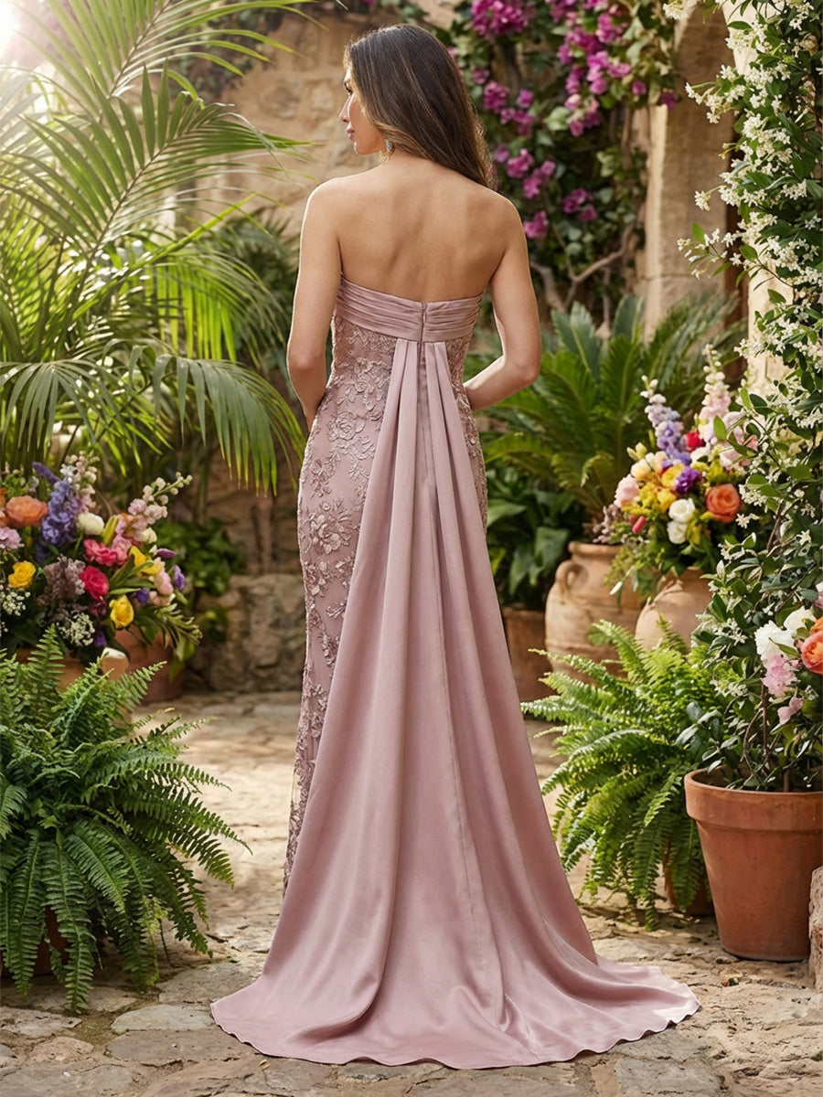 Sheath Lace Appliques Strapless Maxi Evening Dresses with Satin Sweep Train