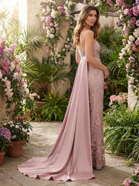 Sheath Lace Appliques Strapless Maxi Evening Dresses with Satin Sweep Train