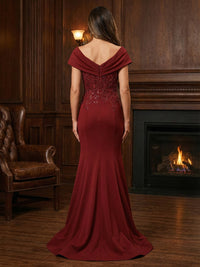 Mermaid Satin Off Shoulder Maxi Evening Dresses with Lace Appliques & Sweep Train