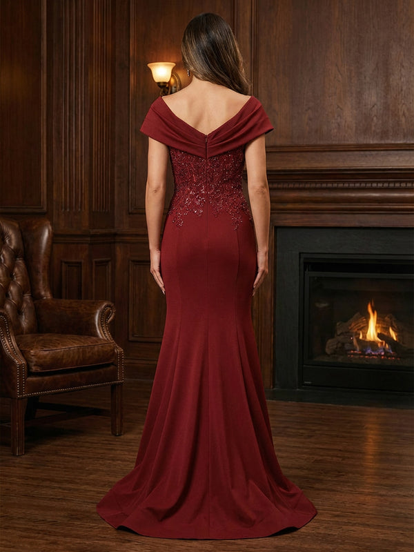 Mermaid Satin Off Shoulder Maxi Evening Dresses with Lace Appliques & Sweep Train