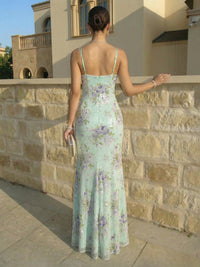 Sheath Spaghetti Straps V Neck Tulle Sequin Floral Floor-Length Evening Dresses