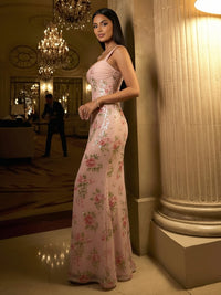 Sheath Spaghetti Straps Sweetheart Tulle Sequin Floral Floor-Length Evening Dresses