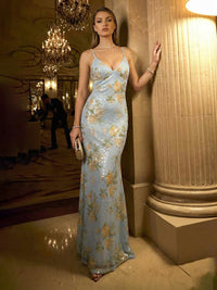 Sheath Spaghetti Straps V Neck Sequin Floral Floor-Length Evening Dresses