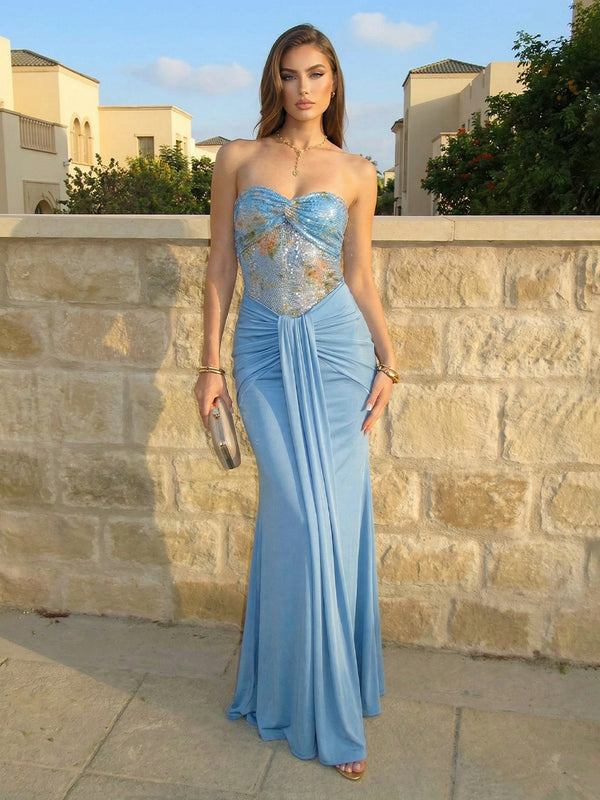 Sheath Strapless Sweetheart Tulle Satin Ruffles Floor-Length Evening Dresses
