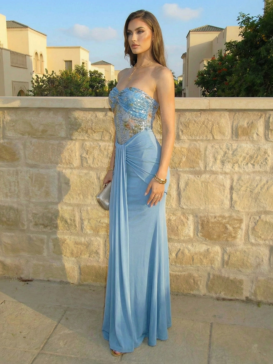 Sheath Strapless Sweetheart Tulle Satin Ruffles Floor-Length Evening Dresses