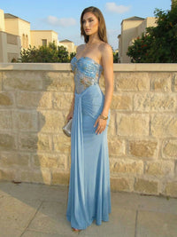 Sheath Strapless Sweetheart Tulle Satin Ruffles Floor-Length Evening Dresses
