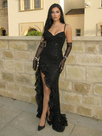 Sheath Spaghetti Straps Sweetheart Tulle Sequin High-Low Evening Dresses
