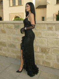Sheath Spaghetti Straps Sweetheart Tulle Sequin High-Low Evening Dresses