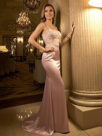 Sheath Spaghetti Straps Square Neck Sequin Floral Floor-Length Evening Dresses