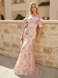 Mermaid Satin Off Shoulder Pleated Maxi Evening Dresses with Sweep Train