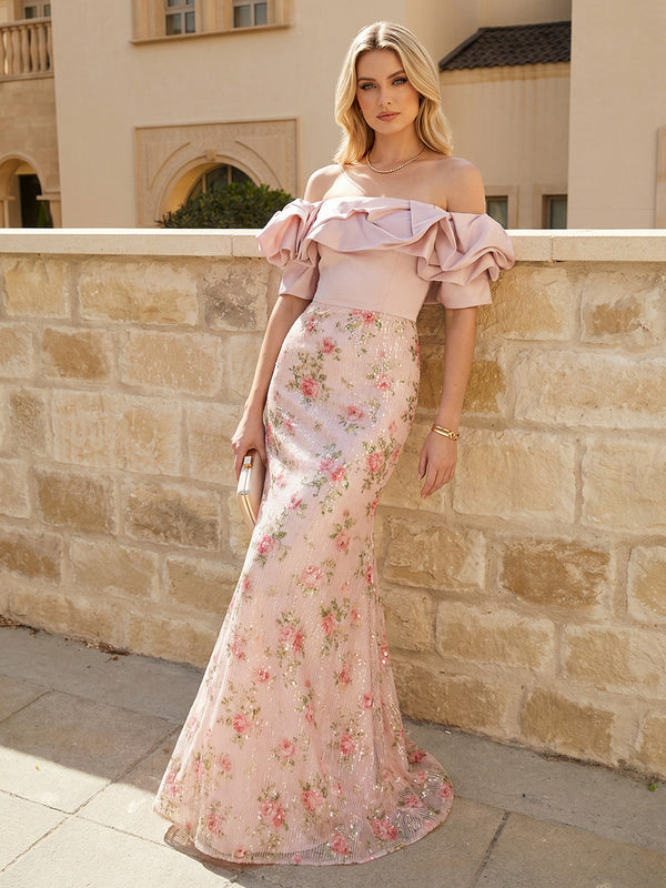 Mermaid Satin Off Shoulder Pleated Maxi Evening Dresses with Sweep Train