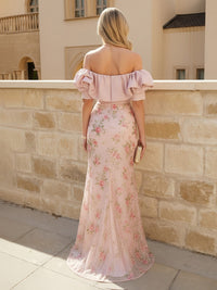 Mermaid Satin Off Shoulder Pleated Maxi Evening Dresses with Sweep Train