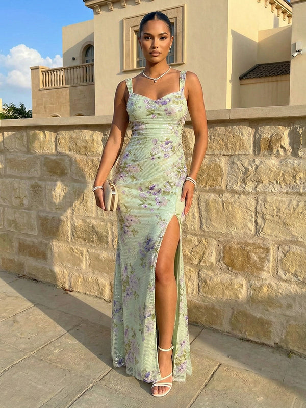 Sheath Spaghetti Straps Sweetheart Tulle Sequin Split Slit Floral Floor-Length Evening Dresses