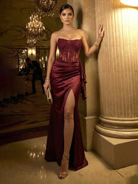 Sheath Strapless Sweetheart Tulle Ruffles Satin Tea-Length Evening Dresses with Slit
