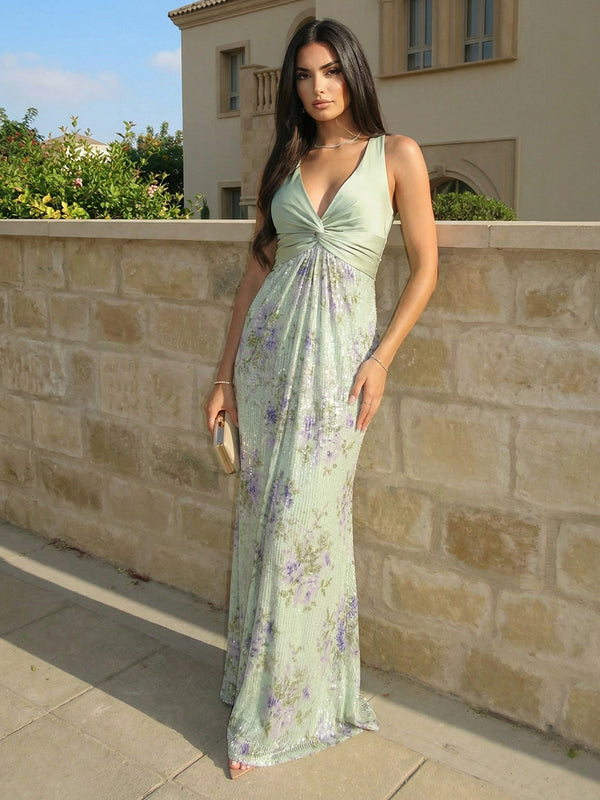 Satin Bodice Mermaid Halter Neck Twisted Maxi Evening Dresses