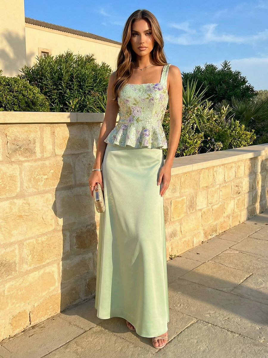 Sheath Spaghetti Straps Square Neck Tulle Satin Ruffles Floral Floor-Length Evening Dresses
