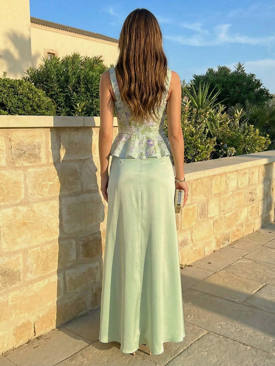 Sheath Spaghetti Straps Square Neck Tulle Satin Ruffles Floral Floor-Length Evening Dresses