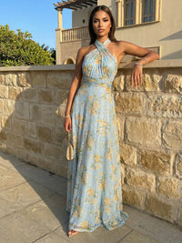 Tulle Bodice Mermaid Halter Neck Floral Twisted Maxi Evening Dresses