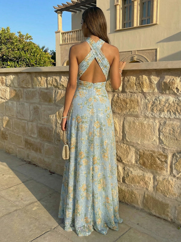 Tulle Bodice Mermaid Halter Neck Floral Twisted Maxi Evening Dresses