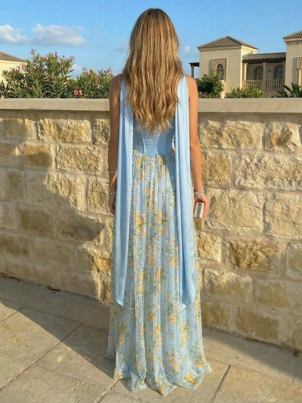 A-Line Satin Sweetheart Pleated Maxi Pleated Evening Dresses with Sweep Train & Scarf