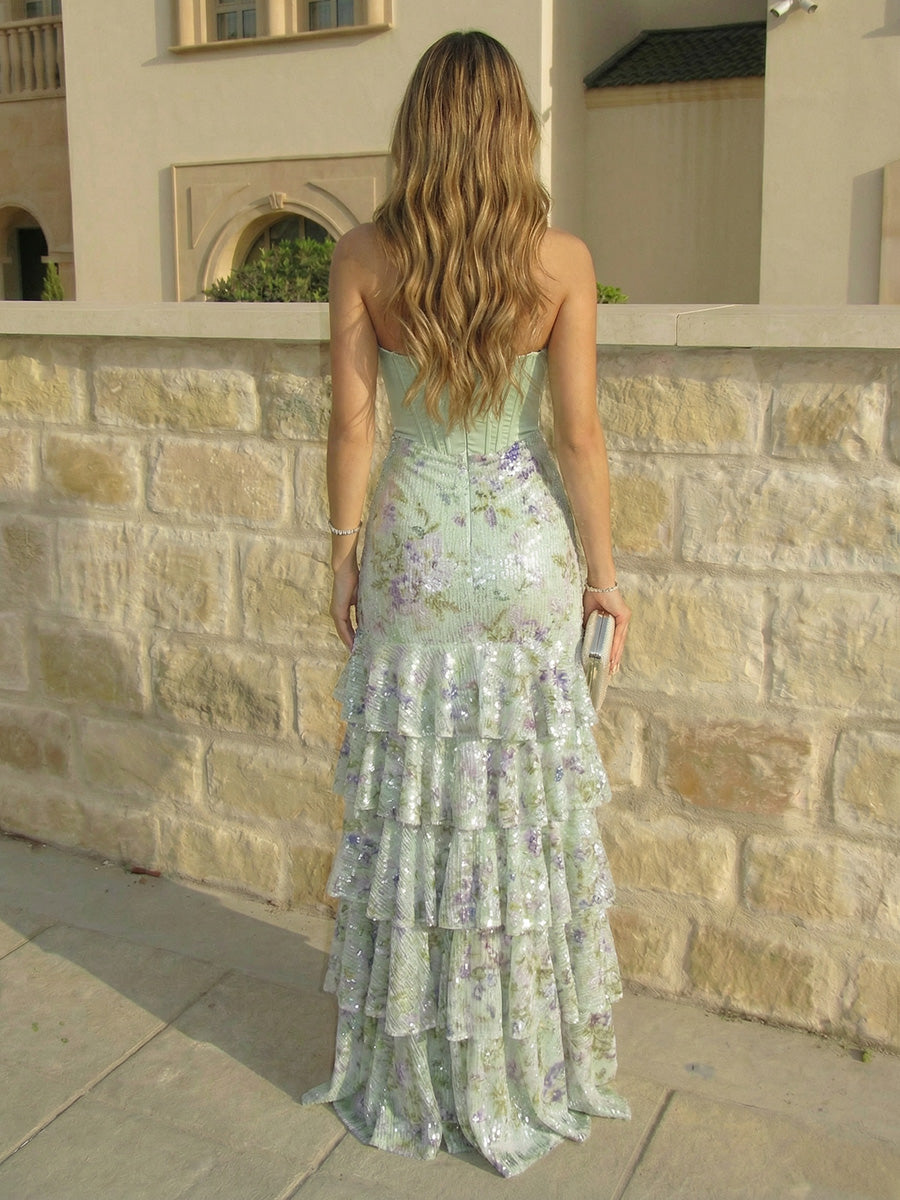 Sheath Strapless Sweetheart Tulle Ruffles Satin Floor-Length Evening Dresses with Slit