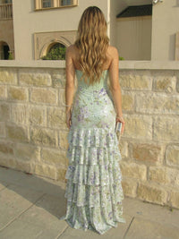 Sheath Strapless Sweetheart Tulle Ruffles Satin Floor-Length Evening Dresses with Slit