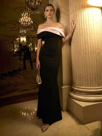 Mermaid Satin Off Shoulder Pleated Maxi Pleated Evening Dresses with Sweep Train