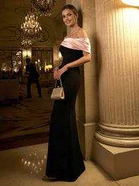 Mermaid Satin Off Shoulder Pleated Maxi Pleated Evening Dresses with Sweep Train