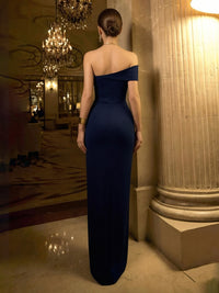 Mermaid Satin One Shoulder Pleated Maxi Evening Dresses with Sweep Train
