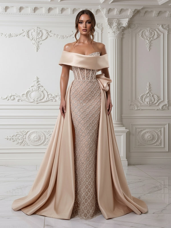 Sheath Off Shoulder Sequin Tulle Satin Evening Dresses with Sweep Train