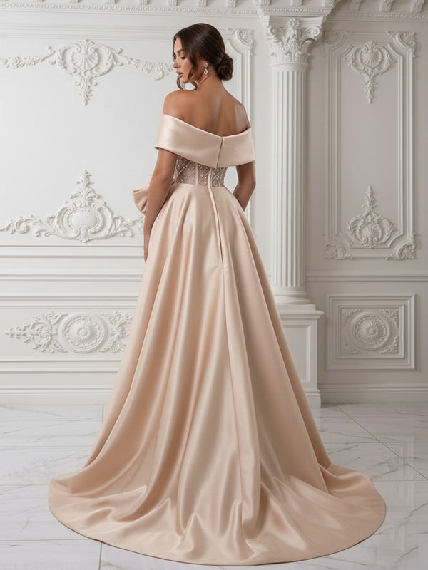 Sheath Off Shoulder Sequin Tulle Satin Evening Dresses with Sweep Train