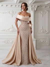 Sheath Off Shoulder Sequin Tulle Satin Evening Dresses with Sweep Train
