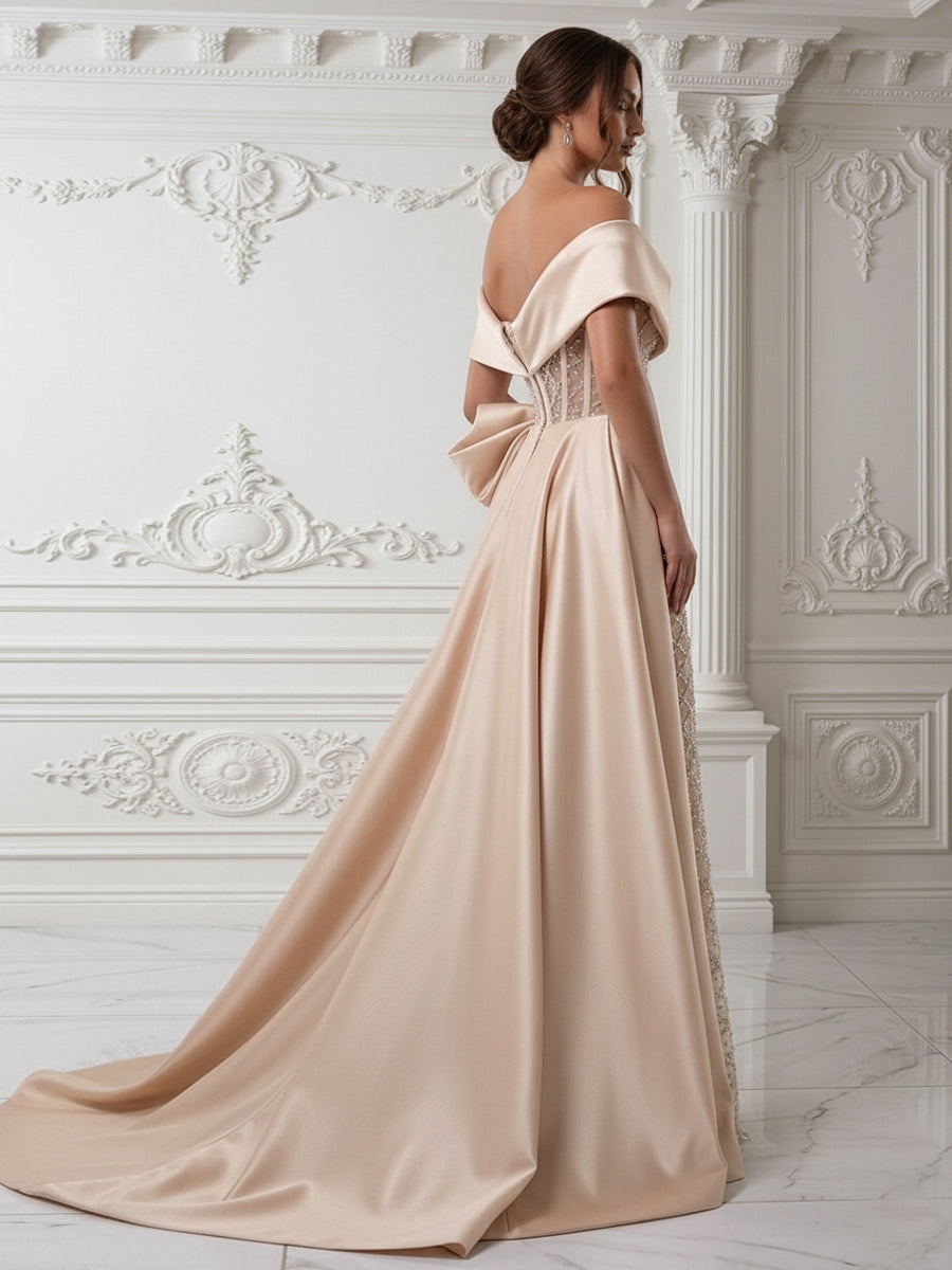 Sheath Off Shoulder Sequin Tulle Satin Evening Dresses with Sweep Train