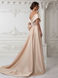 Sheath Off Shoulder Sequin Tulle Satin Evening Dresses with Sweep Train