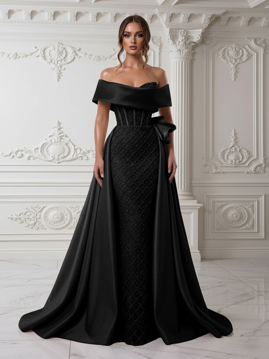Sheath Off Shoulder Sequin Tulle Satin Evening Dresses with Sweep Train
