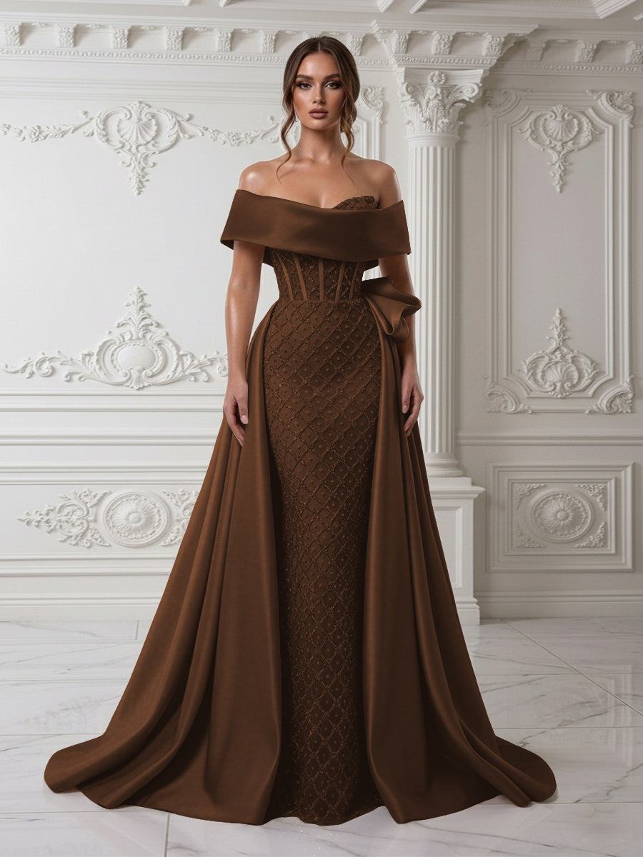 Sheath Off Shoulder Sequin Tulle Satin Evening Dresses with Sweep Train