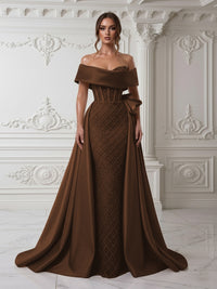 Sheath Off Shoulder Sequin Tulle Satin Evening Dresses with Sweep Train