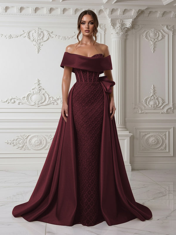 Sheath Off Shoulder Sequin Tulle Satin Evening Dresses with Sweep Train