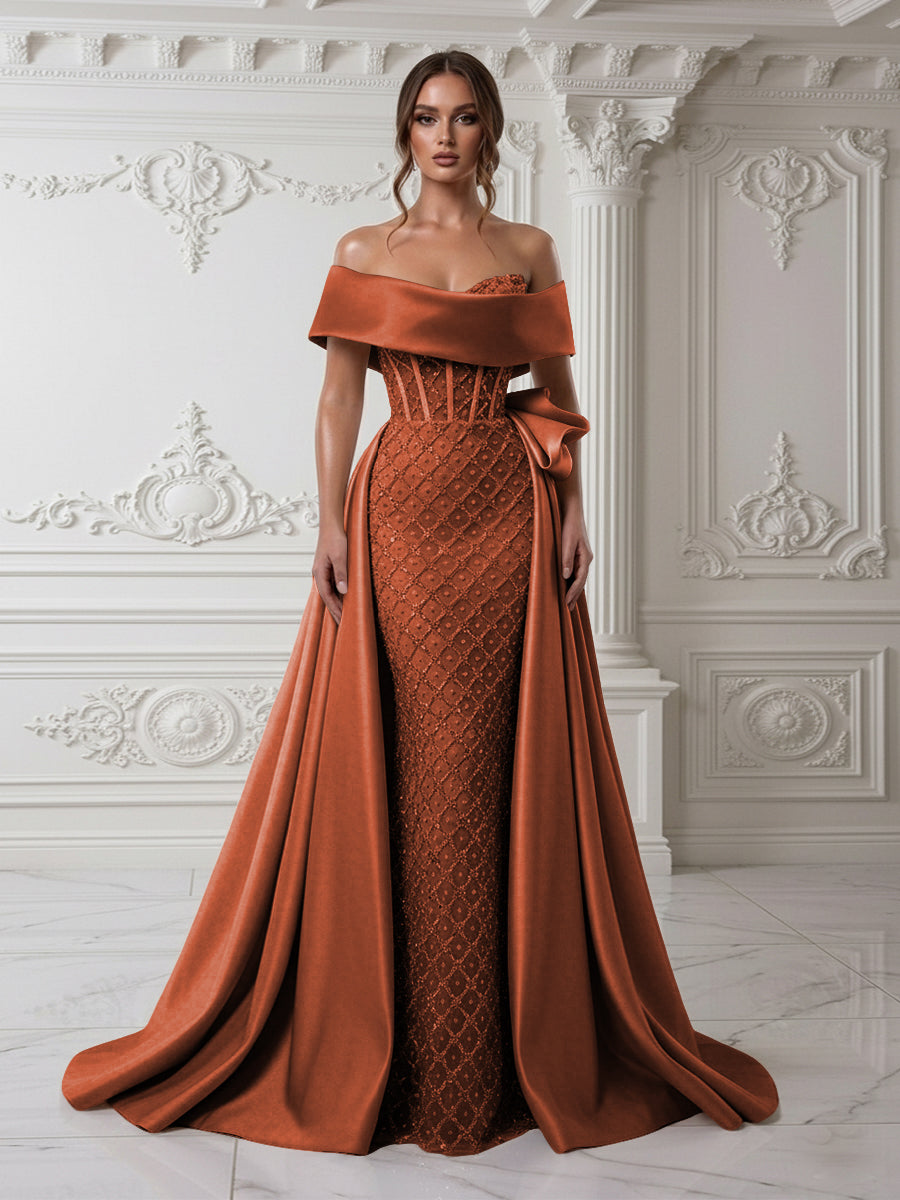 Sheath Off Shoulder Sequin Tulle Satin Evening Dresses with Sweep Train