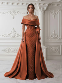 Sheath Off Shoulder Sequin Tulle Satin Evening Dresses with Sweep Train