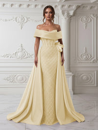Sheath Off Shoulder Sequin Tulle Satin Evening Dresses with Sweep Train