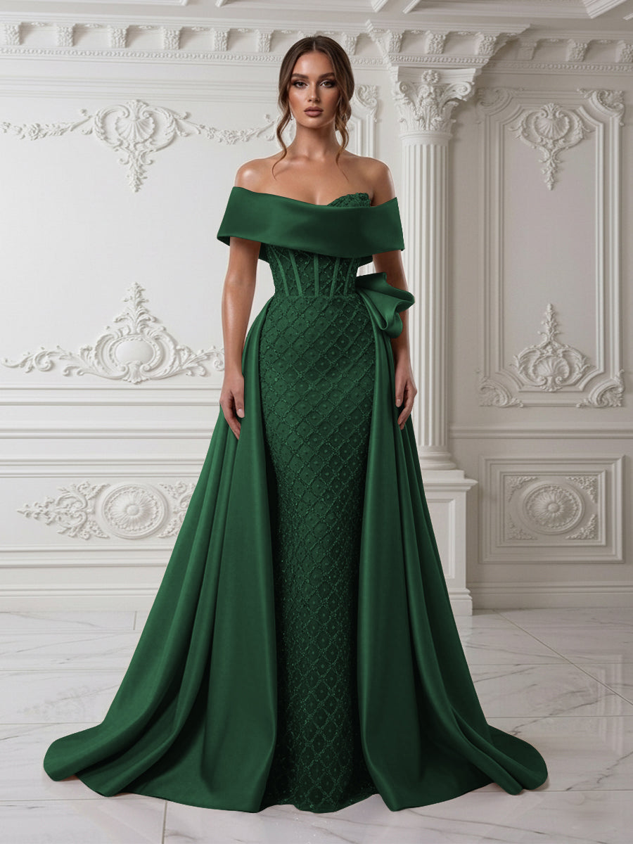 Sheath Off Shoulder Sequin Tulle Satin Evening Dresses with Sweep Train