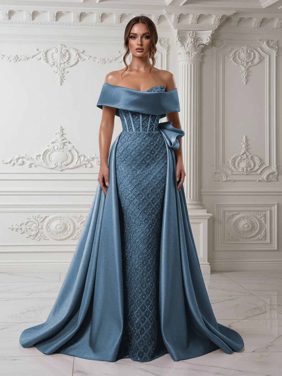 Sheath Off Shoulder Sequin Tulle Satin Evening Dresses with Sweep Train