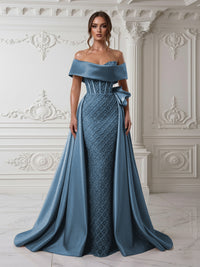 Sheath Off Shoulder Sequin Tulle Satin Evening Dresses with Sweep Train