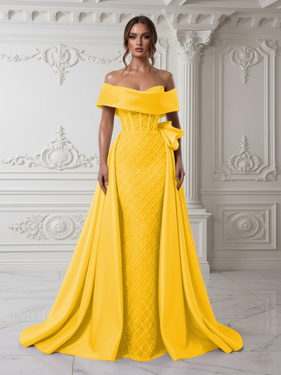 Sheath Off Shoulder Sequin Tulle Satin Evening Dresses with Sweep Train