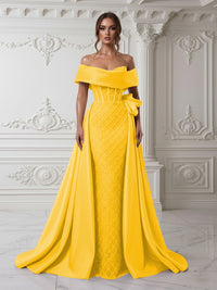 Sheath Off Shoulder Sequin Tulle Satin Evening Dresses with Sweep Train
