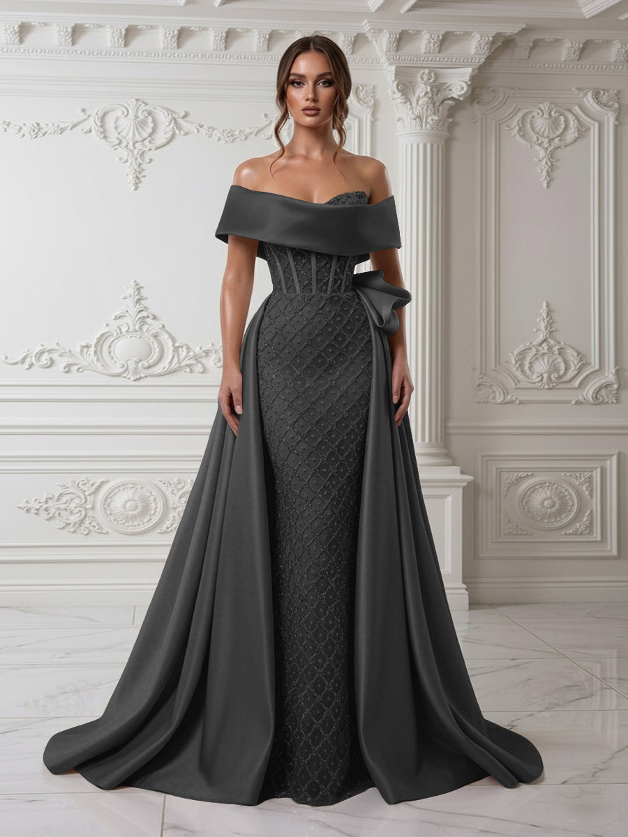 Sheath Off Shoulder Sequin Tulle Satin Evening Dresses with Sweep Train