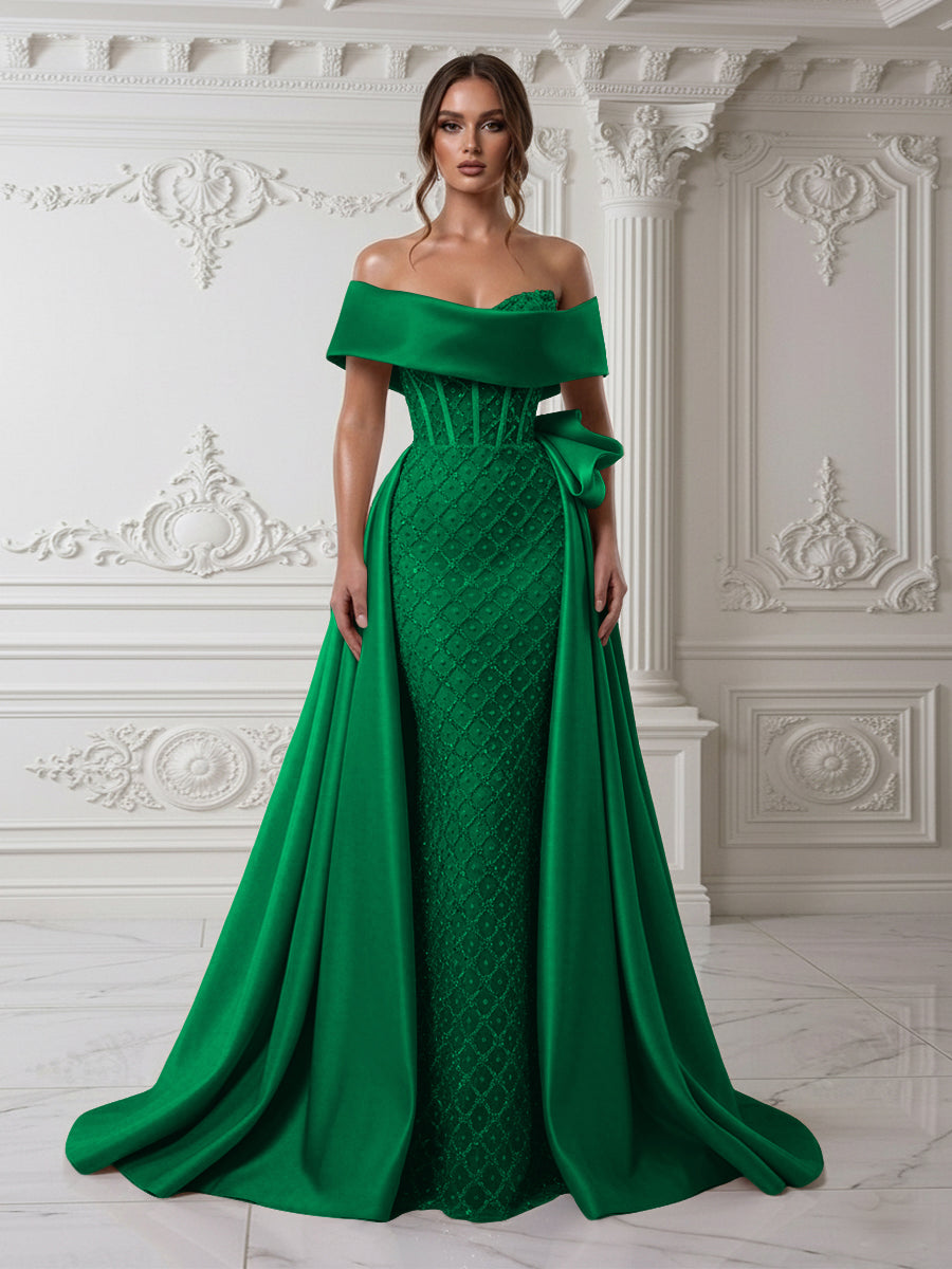 Sheath Off Shoulder Sequin Tulle Satin Evening Dresses with Sweep Train