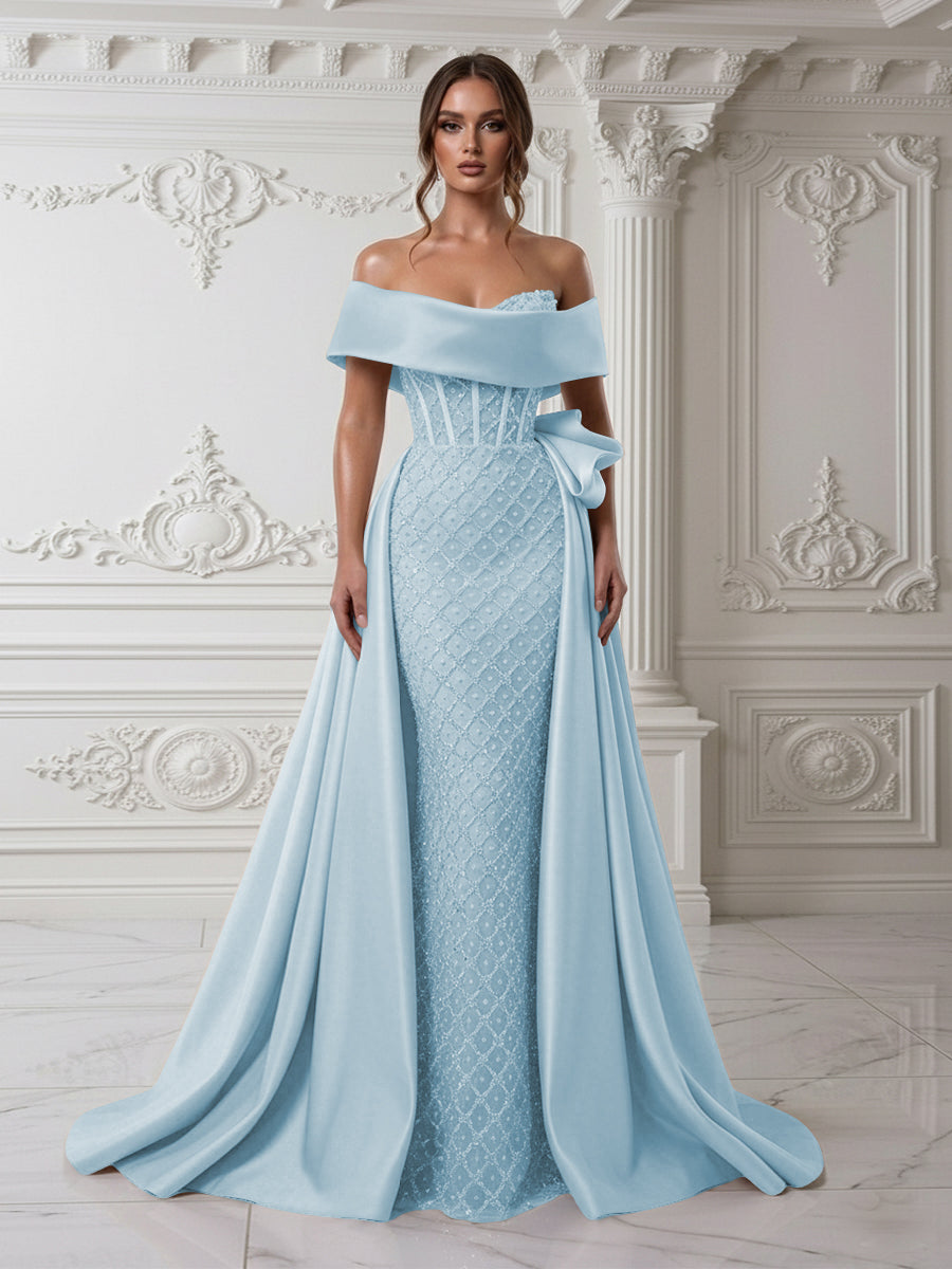 Sheath Off Shoulder Sequin Tulle Satin Evening Dresses with Sweep Train