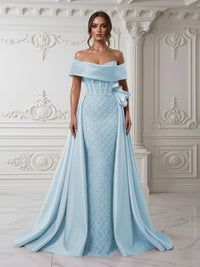 Sheath Off Shoulder Sequin Tulle Satin Evening Dresses with Sweep Train